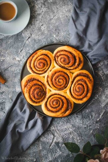 Baked Tangzhong cinnamon rolls in springform pan.