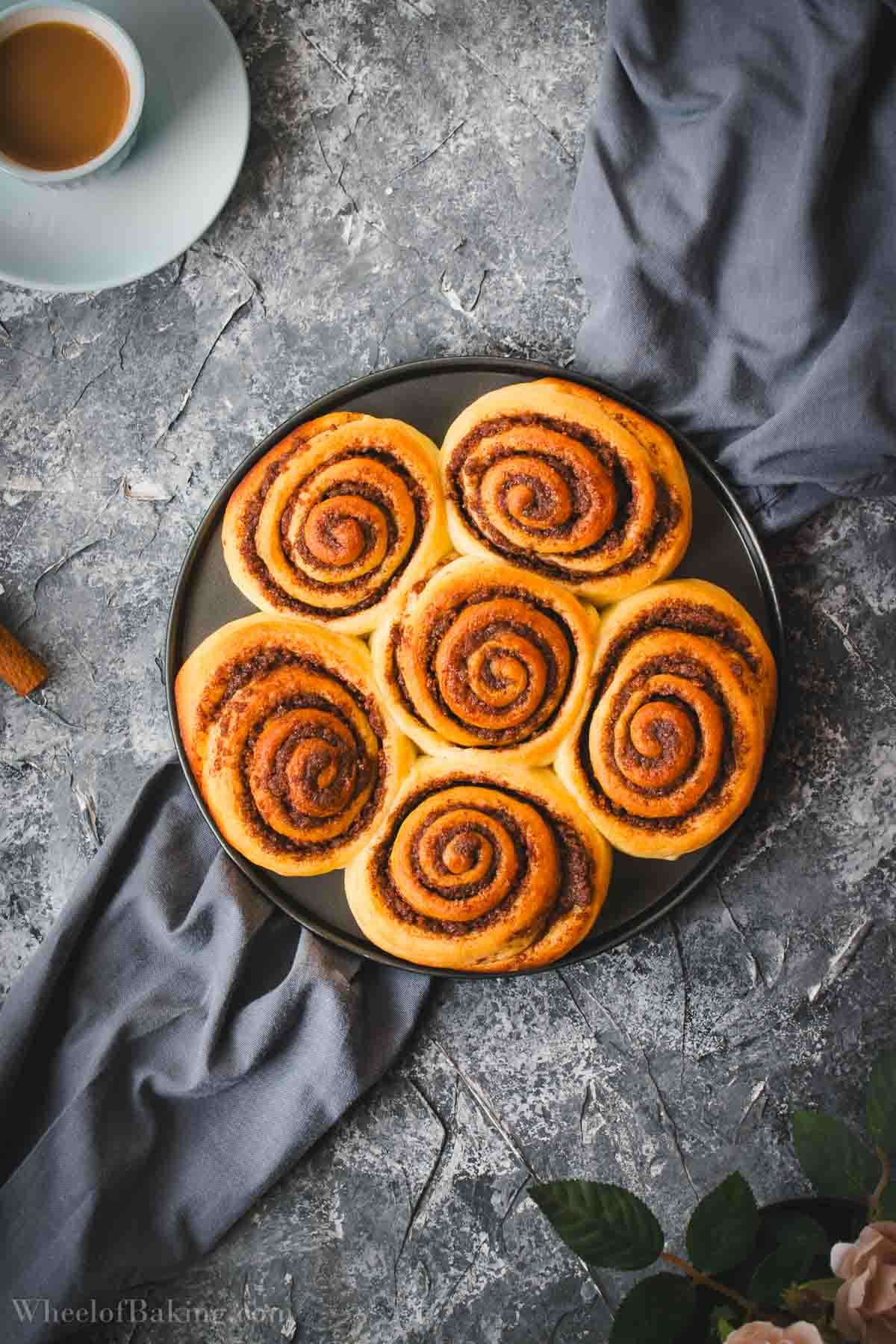Baked Tangzhong cinnamon rolls in springform pan.
