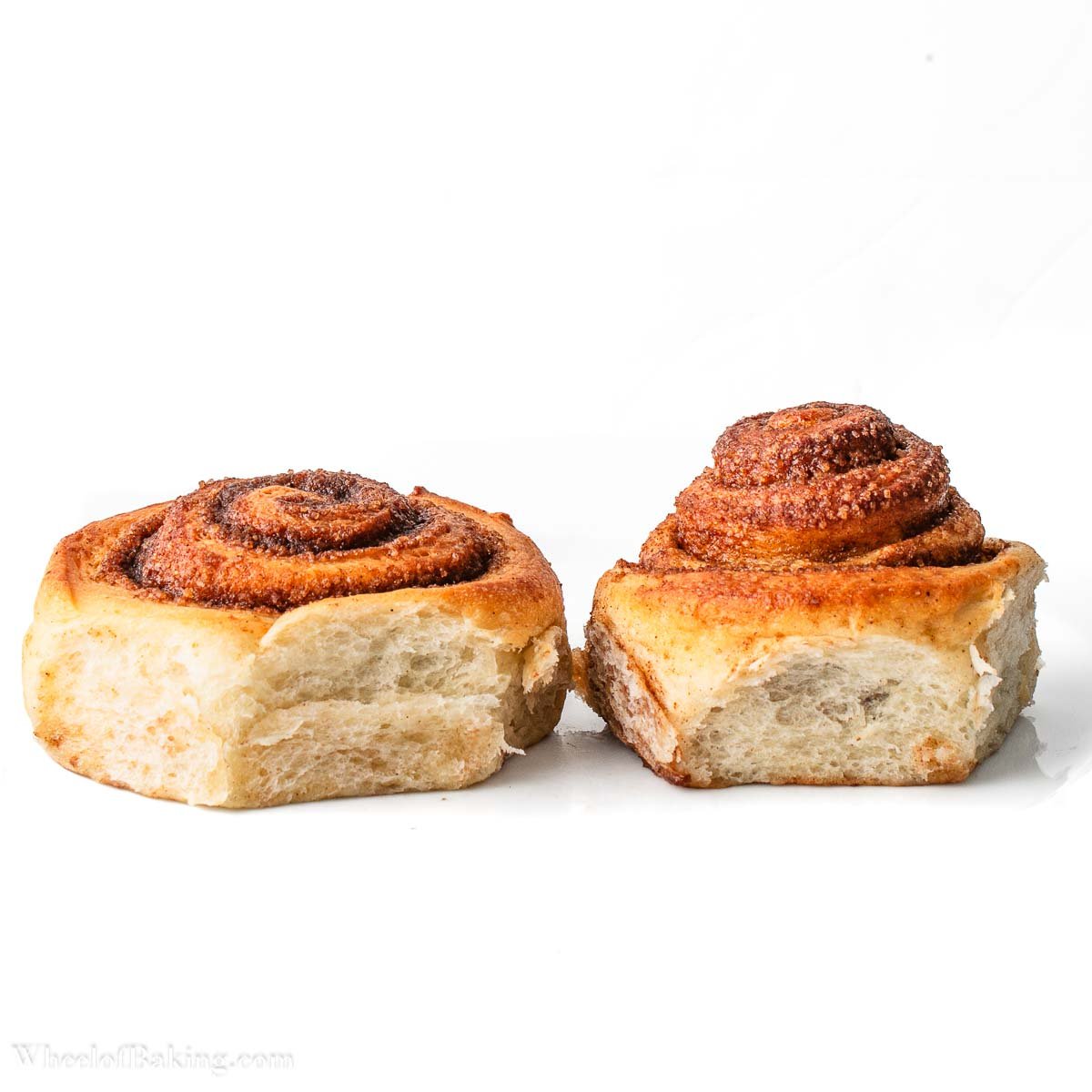 Comparison of two rolls, one is rolled too tightly and the center has popped out.