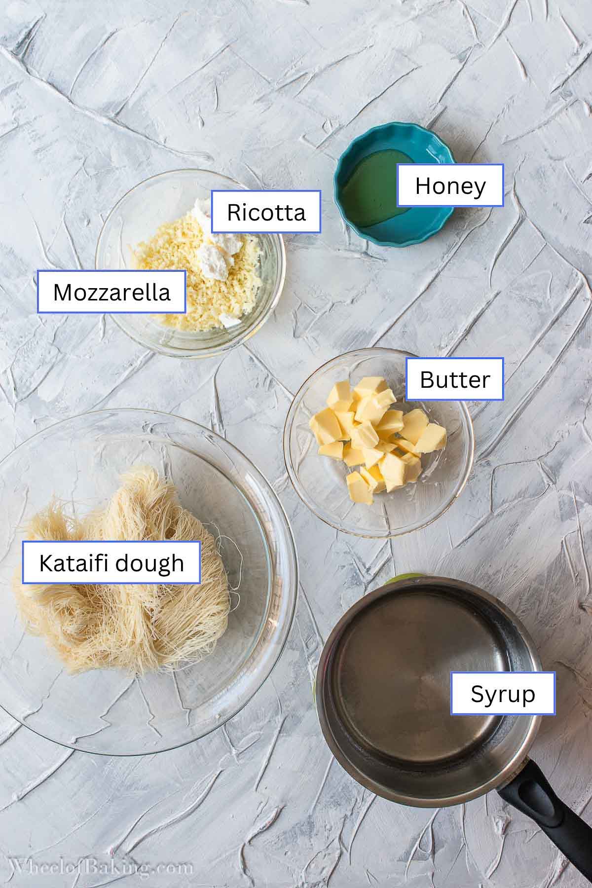 Overhead shot of kunefe ingredients.