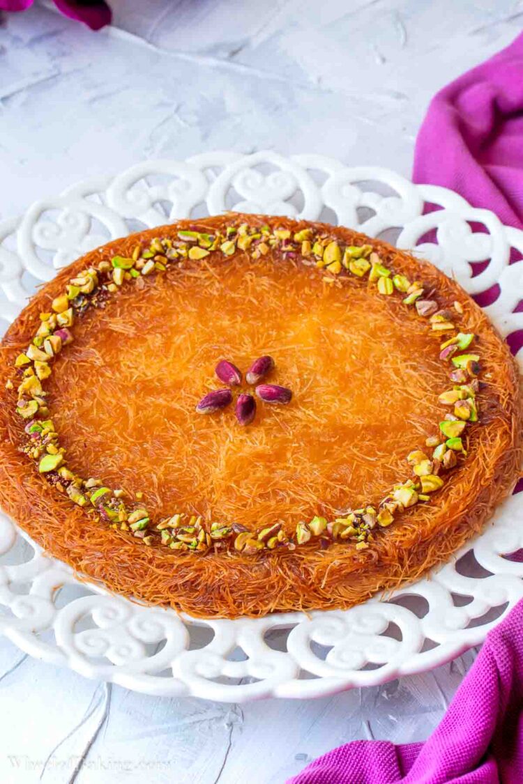 Turkish kunefe decorated with pistachios.