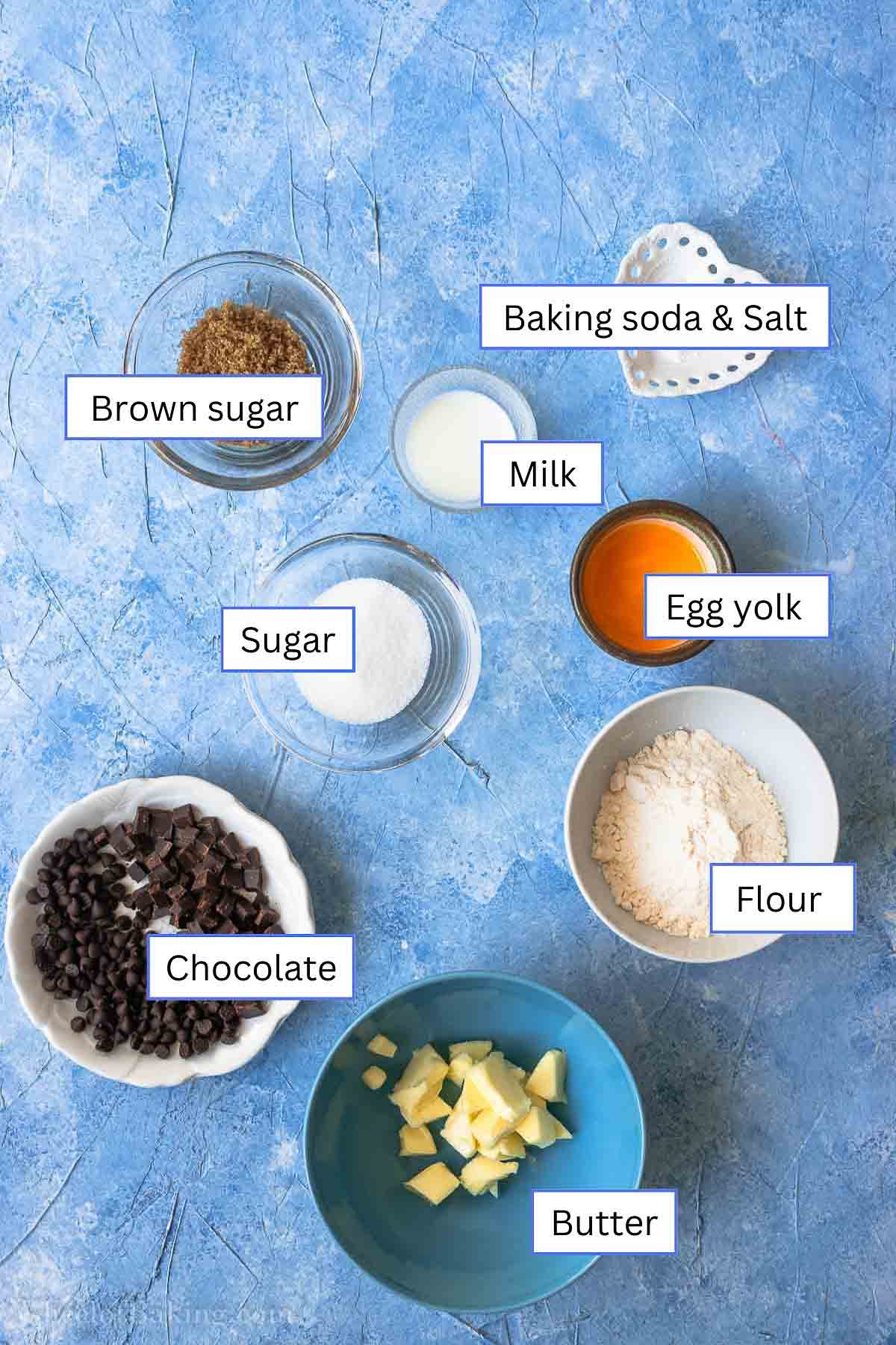 Chocolate chip cookie cake ingredients.