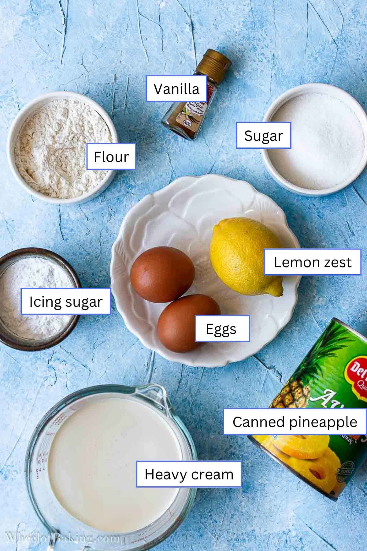 Overhead shot of ingredients needed for the pineapple whipped cream cake.